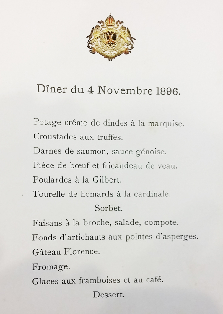 Menu du dîner donné par la comtesse de Paris